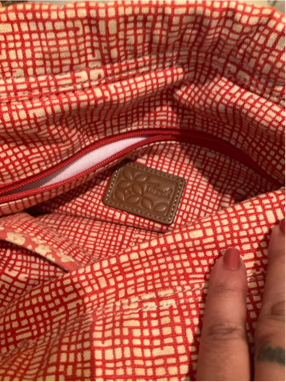 Vintage FOSSIL Shoulder Bag Coated Red Canvas Large Tote Purse Ties - Picture 6 of 6